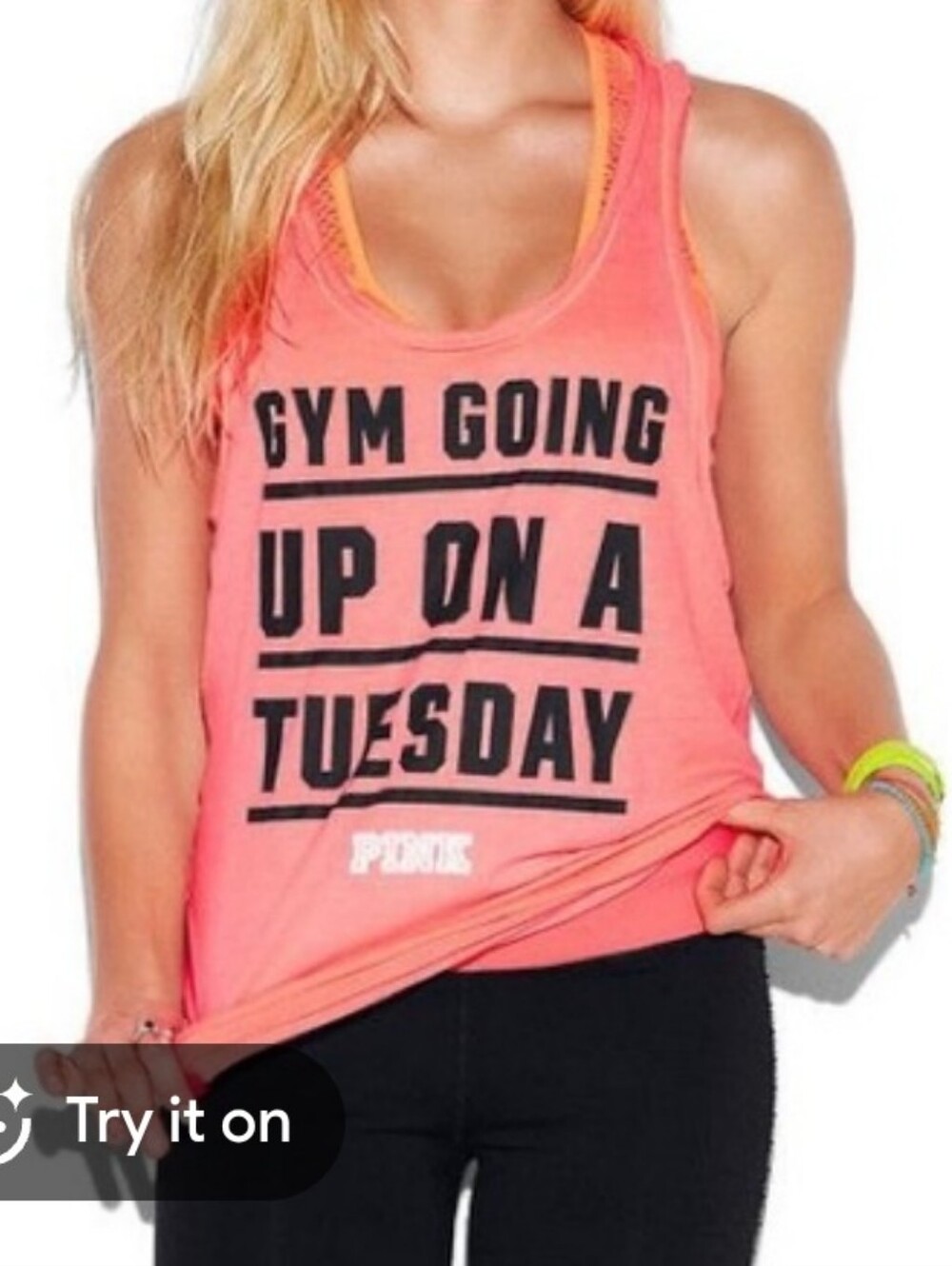 PINK Victoria's Secret NeonCoral Pink Graphic Tank - 'Gym Going Up On A Tuesday'